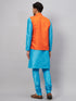 Vastramay Men's Orange Matka Silk Nehru Jacket With Aqua Blue Silk Blend Kurta and Pyjama Set